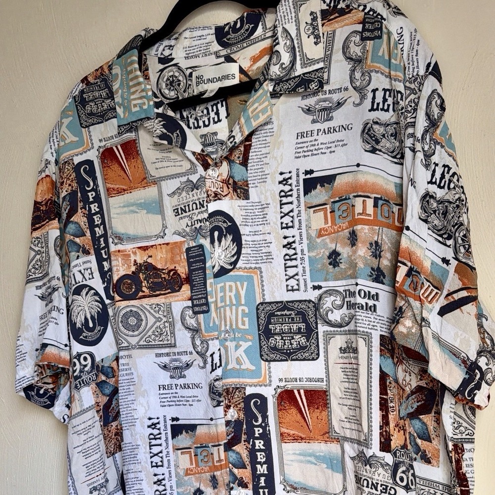 No Boundaries Route 66 Motel Graphic Shirt Y2K Button Up 2XL Mens